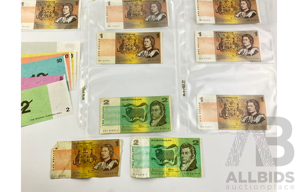 Collection of Australian Paper One and Two Dollar Notes, Johnston/Stone, Knight/Stone, Johnston/Fraser with Set of Training Sotes