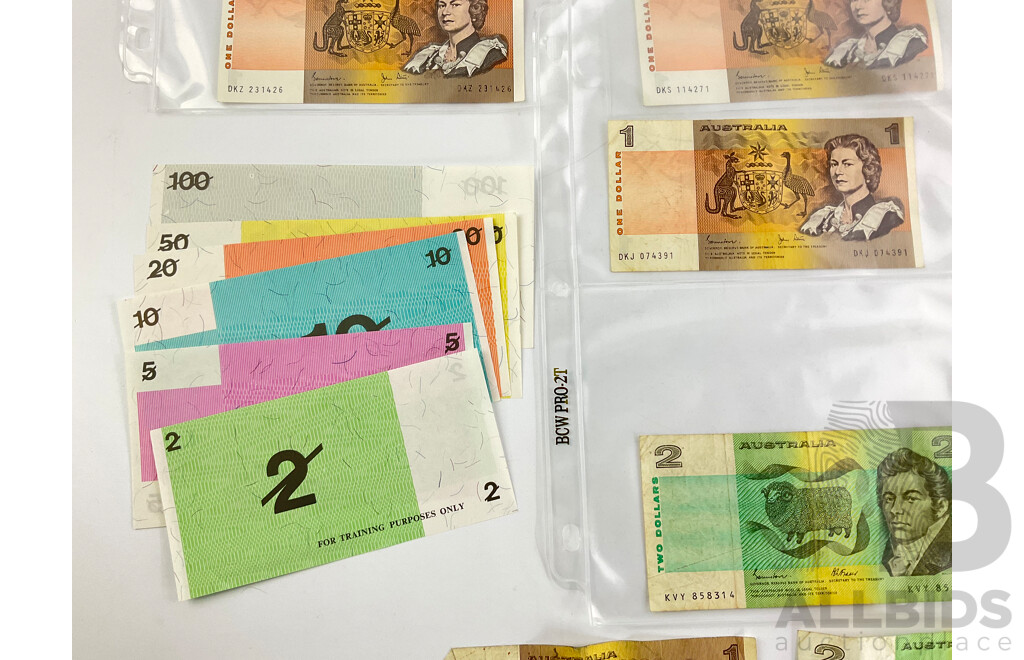 Collection of Australian Paper One and Two Dollar Notes, Johnston/Stone, Knight/Stone, Johnston/Fraser with Set of Training Sotes