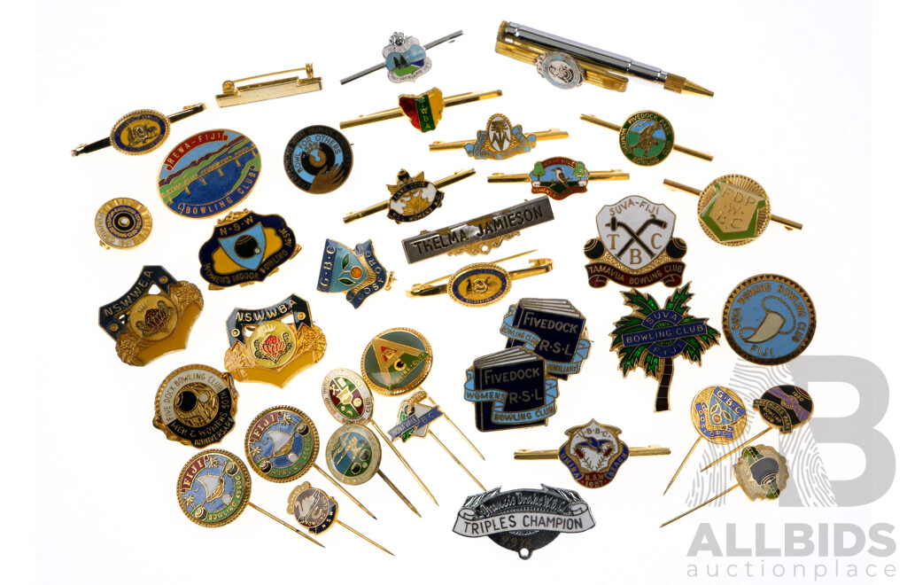 Collection of Thirty Six Australian and Fijian Bowling Lapel Pins, 1950's Onwards