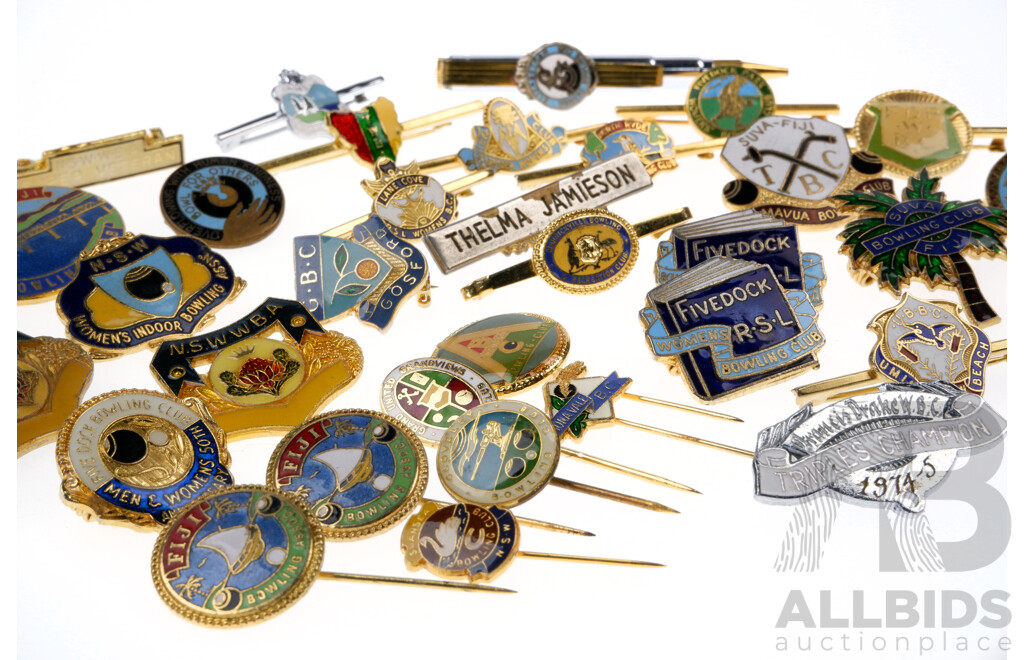 Collection of Thirty Six Australian and Fijian Bowling Lapel Pins, 1950's Onwards