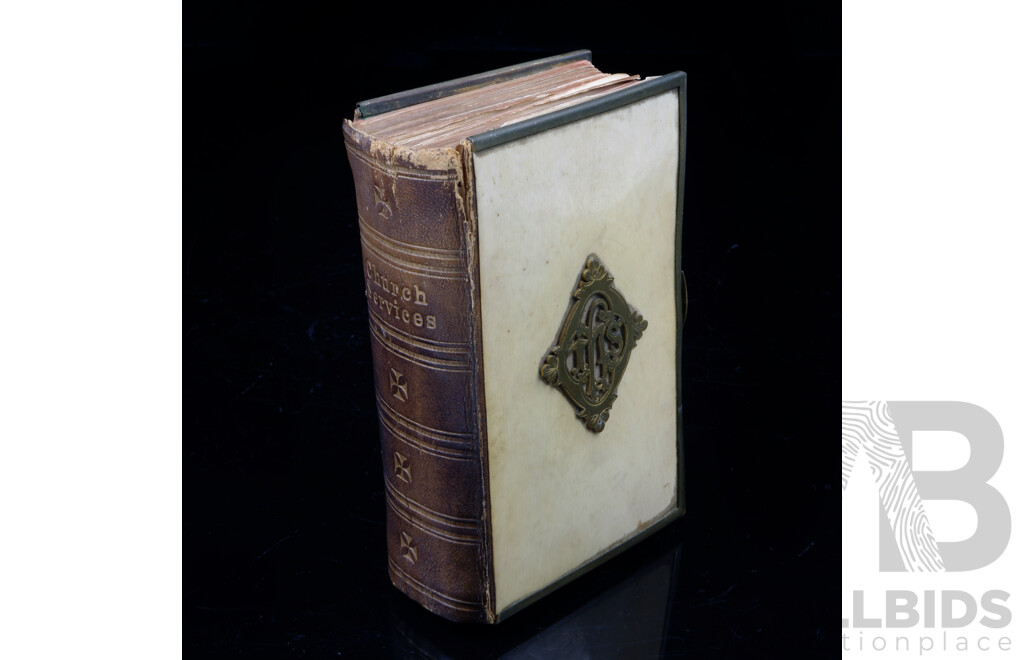 Antique Church Services Book of Common Prayer with Whale Bone Cover, Brass Surrounds and Monogram to Front