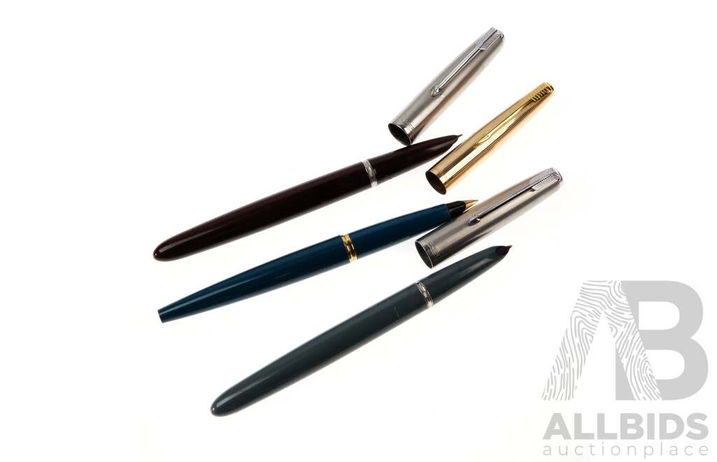 Three Vintage Parker Fountain Pens Including Example with Rolled Gold Lid