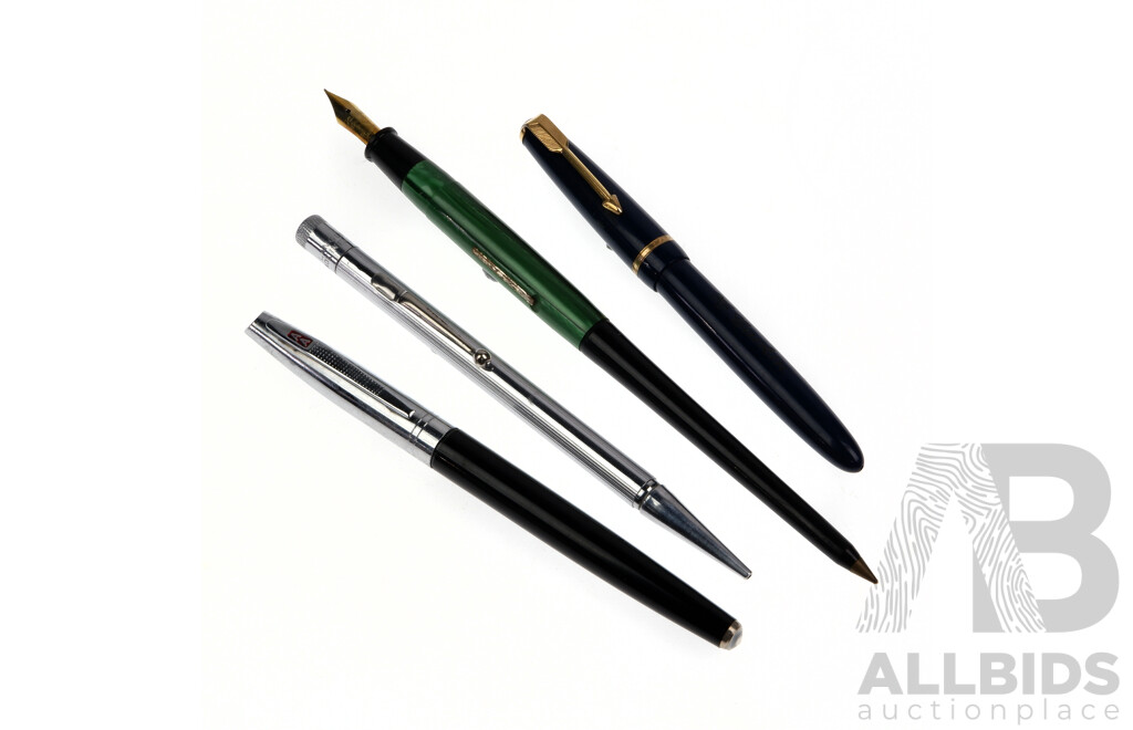 Collection Four Vintage Fountain and Other Pens Including Parker Lady Duofold Blue Example, Propelling Pencil by Langley, Green Dahlia Fountain Pen and More