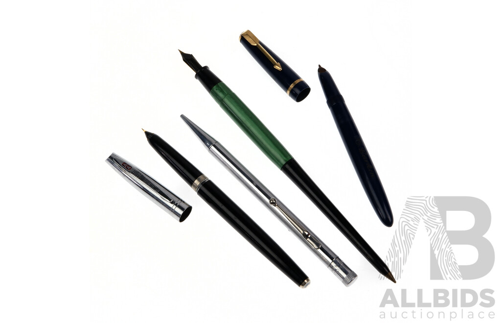 Collection Four Vintage Fountain and Other Pens Including Parker Lady Duofold Blue Example, Propelling Pencil by Langley, Green Dahlia Fountain Pen and More