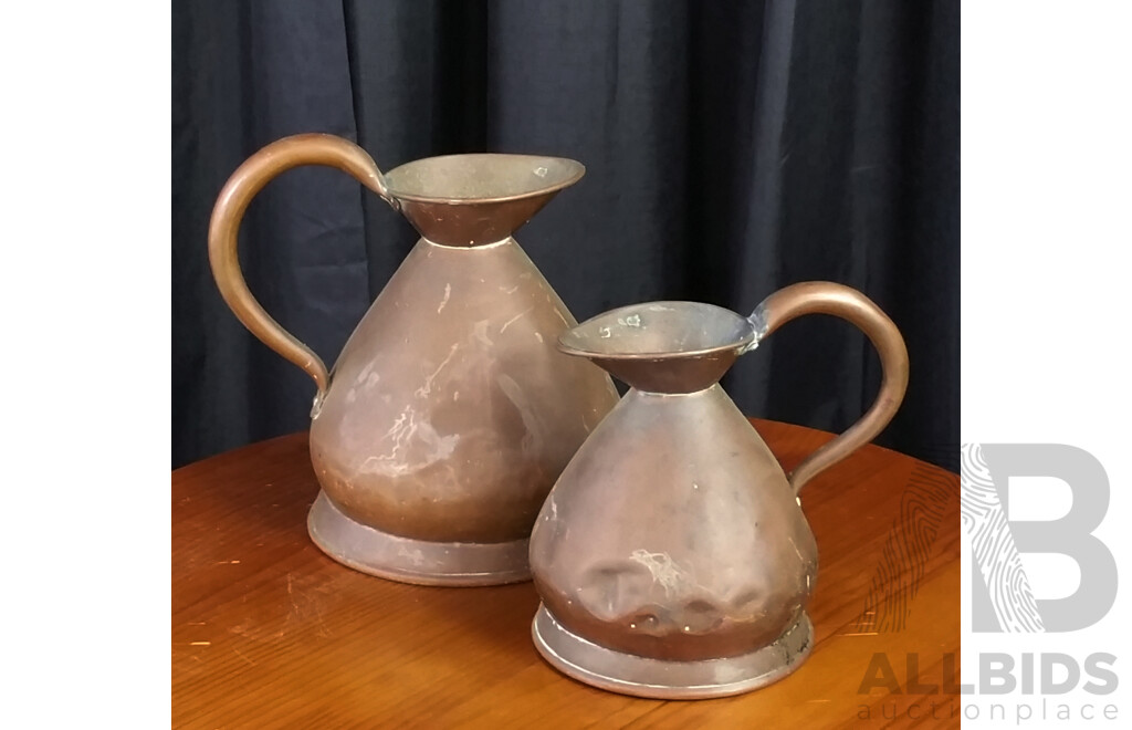 Pair of Vintage Copper Measuring Jugs Marked VR