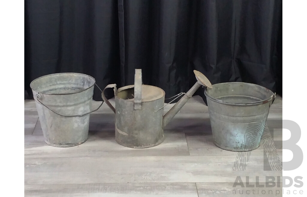 Pair of Galvanised Buckets and Watering Can