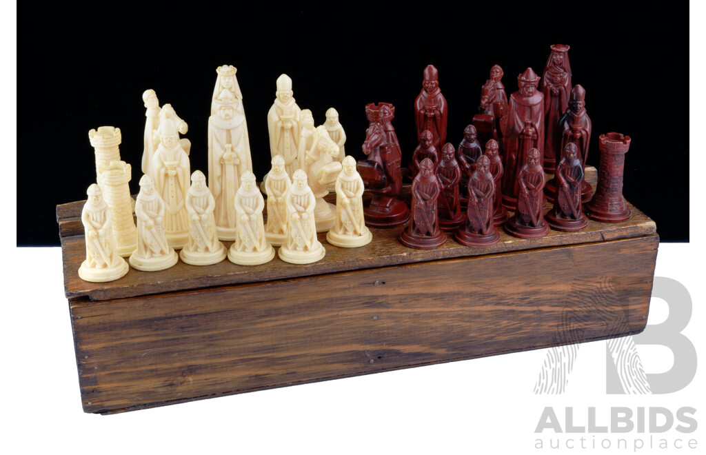 Vintage Hong Kong Composite Full Chess Set in Wooden Box