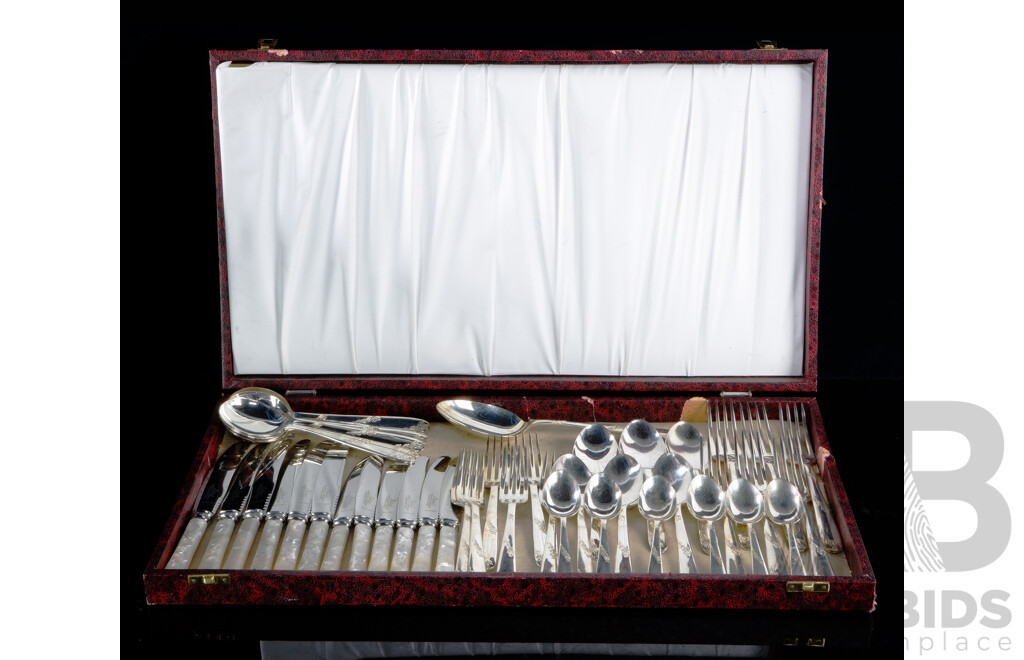 Retro 48 Piece Stainless Steel Flatware Set with Silver Plate Handles & Pearlescent Handles to Knives in Canteen by Mutual, Hiram Wild Sheffield