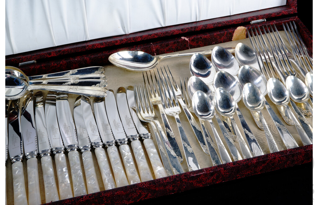 Retro 48 Piece Stainless Steel Flatware Set with Silver Plate Handles & Pearlescent Handles to Knives in Canteen by Mutual, Hiram Wild Sheffield