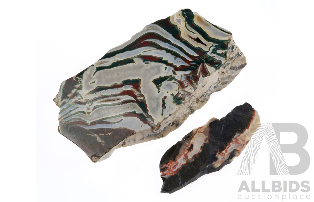 Large Polished Banded Agate Section Along with Smaller Unpolished Rock Slice