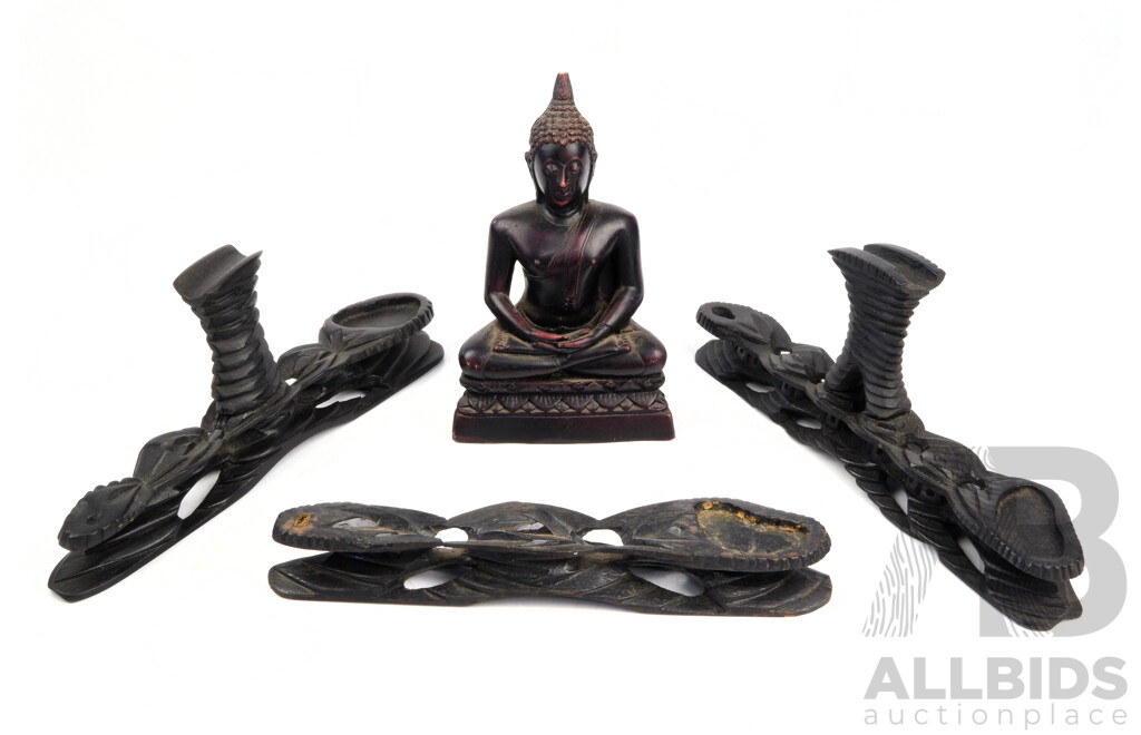 Collection Three Vintage Hand Carved Wooden Stands Along with Vintage Composite Buddha Figure