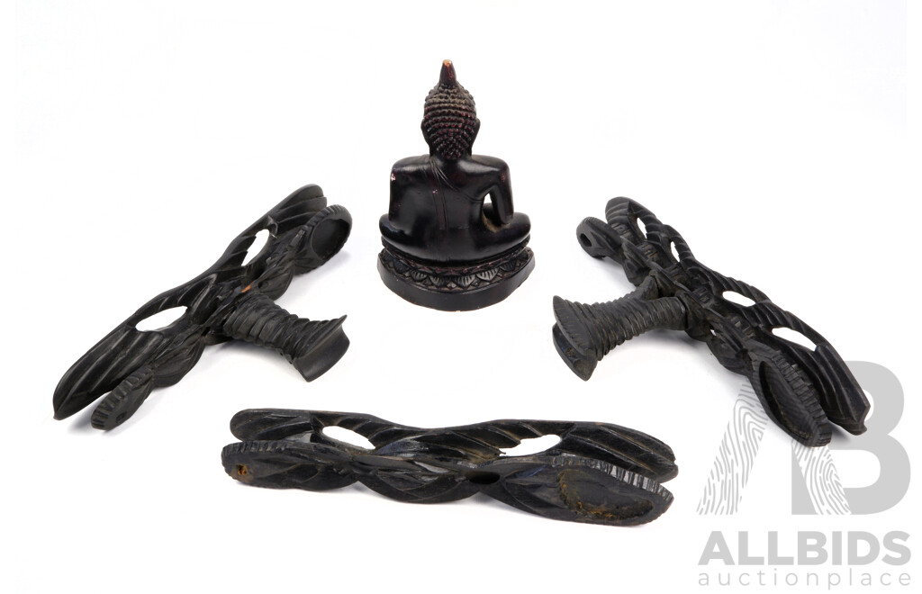 Collection Three Vintage Hand Carved Wooden Stands Along with Vintage Composite Buddha Figure