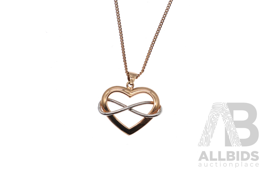 9ct Two Tone Infinity Symbol Heart Pendant, 20mm X 21mm, 1.17 Grams on Gold Plated Presentation Chain, as New