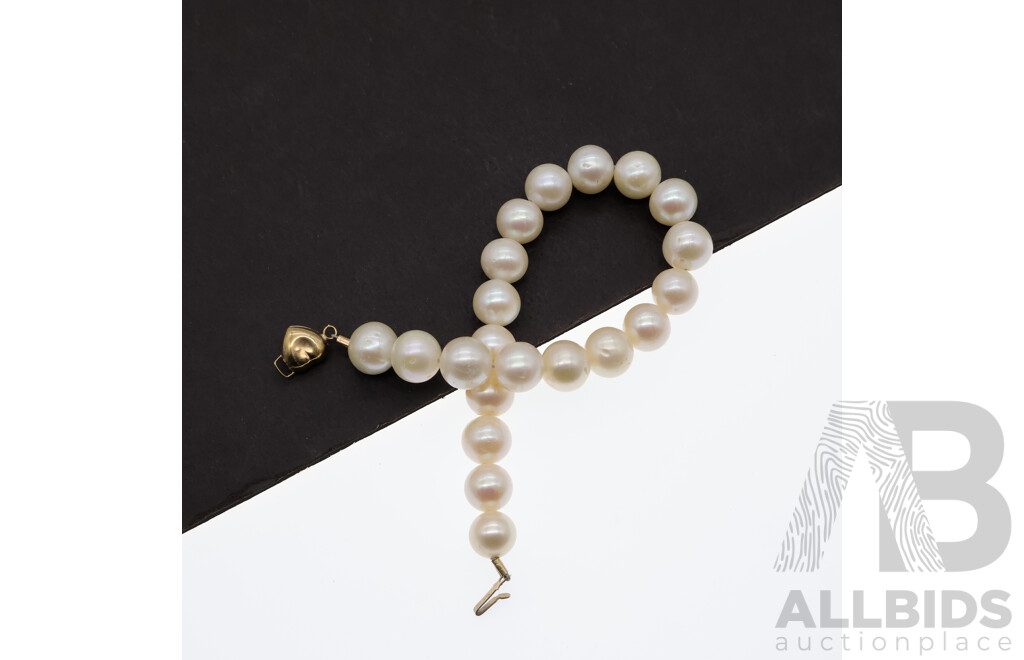 9ct Freshwater Cultured Pearl Bracelet, 8.5-9.5mm, 20cm Long with Gold Heart Clasp