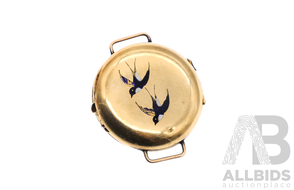 14K Yellow Gold 30mm Pocket Watch Casing (only) with Two Enamel Swallows, 5.18 Grams