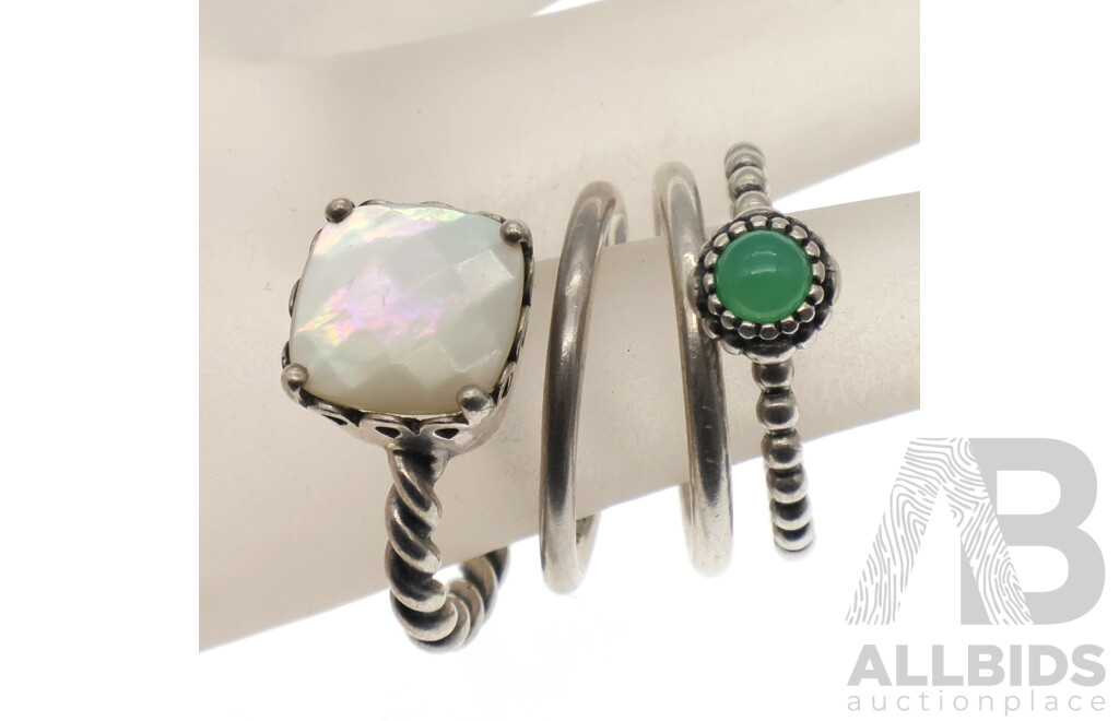 Collection of (4) Pandora Sterling Silver Rings, Including December Birthstone Ring and Mother of Pearl Ring, 14.03 Grams