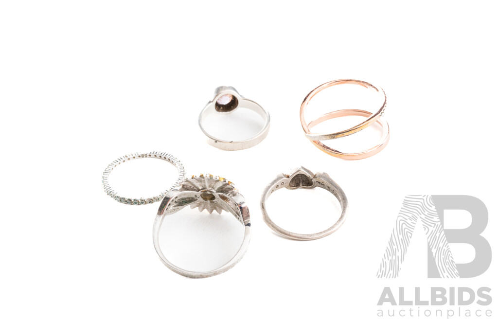 Collection of (5) Rings Including Sterling Silver 10.66 Grams, Mimco and Swarovski Designs