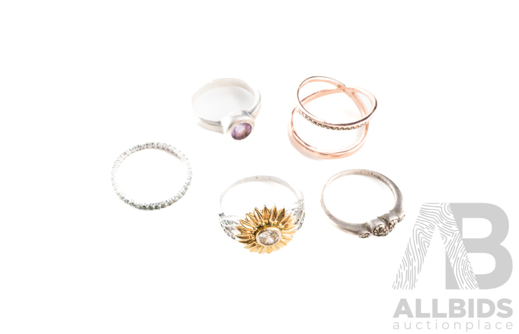 Collection of (5) Rings Including Sterling Silver 10.66 Grams, Mimco and Swarovski Designs