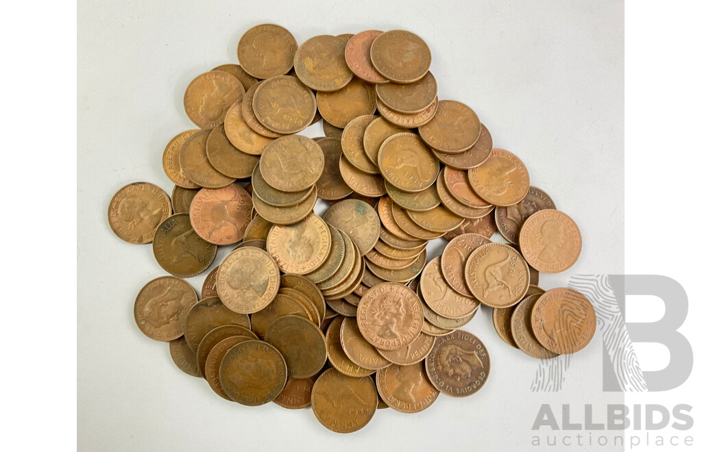 Australian KGVI and QE2 Pennies, Approximately 100 Coins, 970 Grams