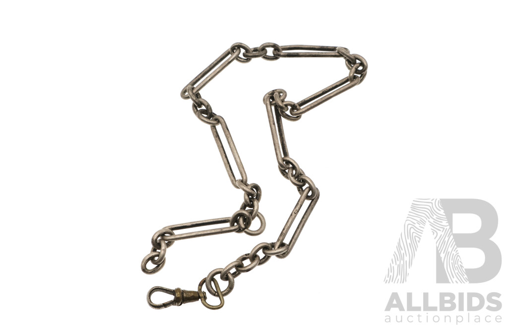 Vintage Sterling Silver Fob Chain with Elongated Belcher Links and Albert Clasp, Hallmarked, 35cm, 29.57 Grams