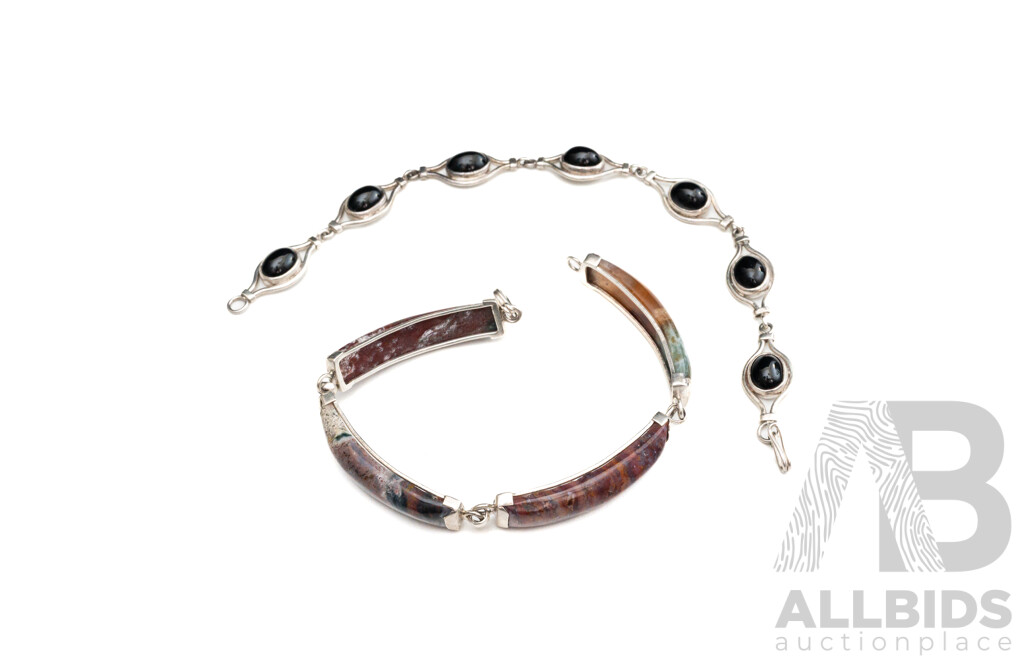 Sterling Silver (2) Bracelets with Agate and Onyx Cabochons, 25.98 Grams