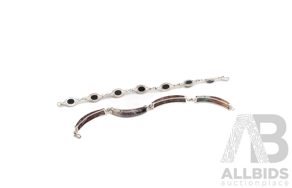 Sterling Silver (2) Bracelets with Agate and Onyx Cabochons, 25.98 Grams