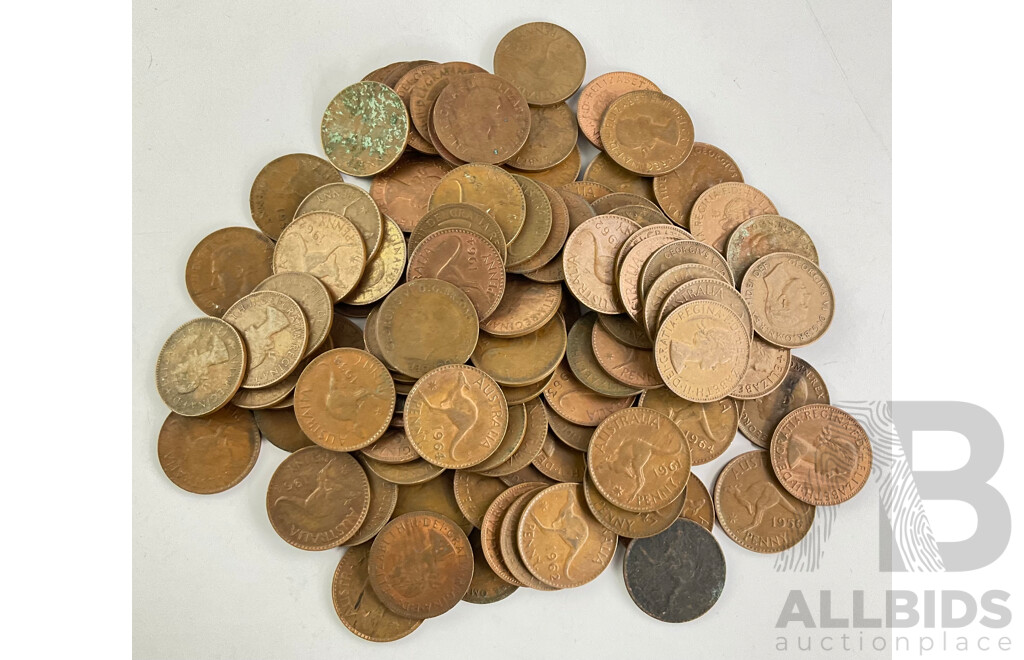 Australian KGVI and QE2 Pennies, Approximately 100 Coins, 970 Grams