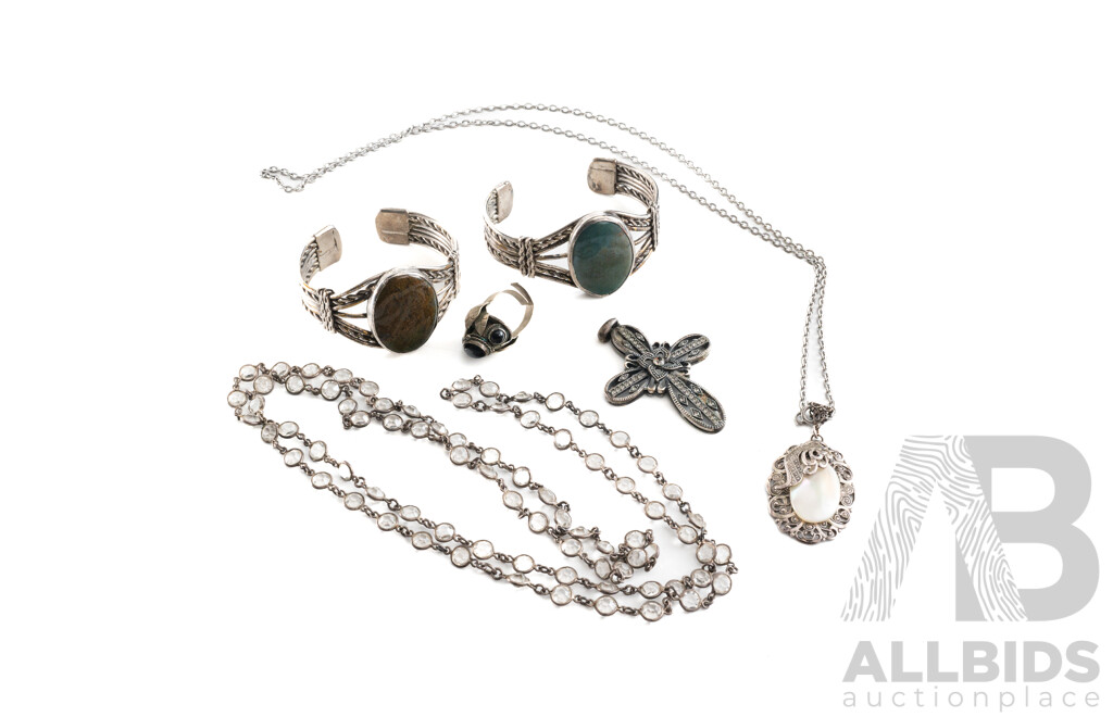 Collection of Vintage Silver Tone Jewellery Including Sterling Silver Pearl Pendant, Gemstone Cuffs and Onyx Ring