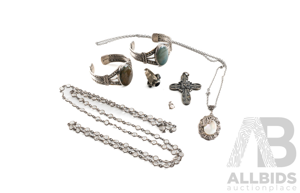 Collection of Vintage Silver Tone Jewellery Including Sterling Silver Pearl Pendant, Gemstone Cuffs and Onyx Ring