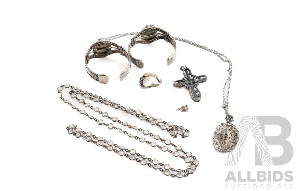 Collection of Vintage Silver Tone Jewellery Including Sterling Silver Pearl Pendant, Gemstone Cuffs and Onyx Ring