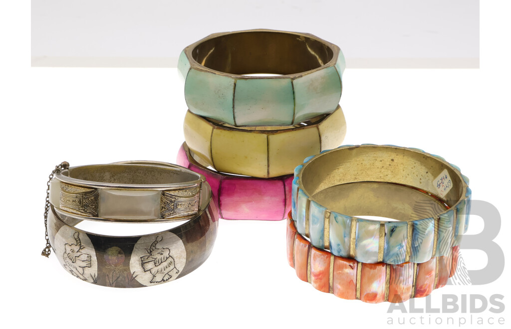 Collection of (7) Vintage Bangles Including Bone and Mother of Pearl Inlaid Designs