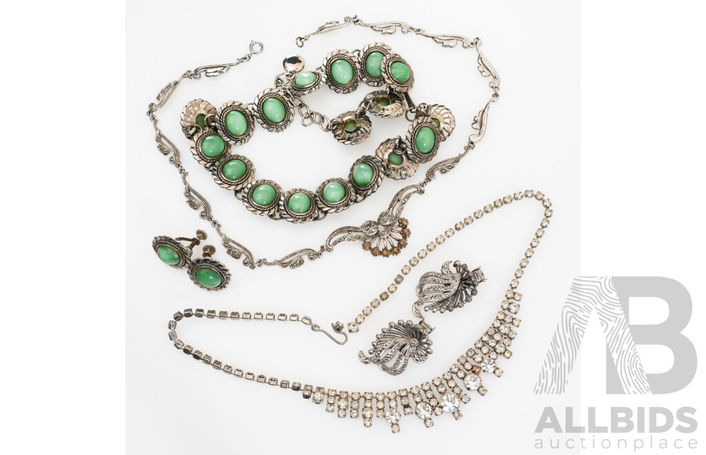 Vintage Silver Tone Jewellery Collection Including Green Cabochon Necklace and Matching Earrings