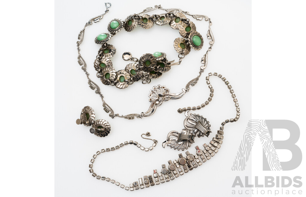 Vintage Silver Tone Jewellery Collection Including Green Cabochon Necklace and Matching Earrings