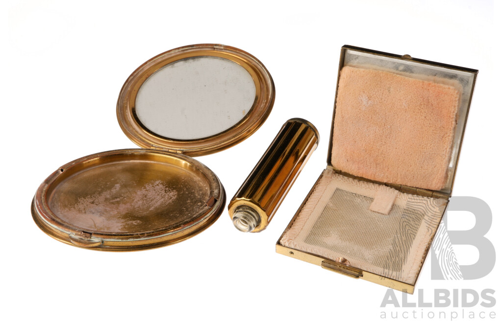 Vintage (2) Gold Tone Makeup Compacts and Vintage Gold Tone Perfume Bottle, Missing Top