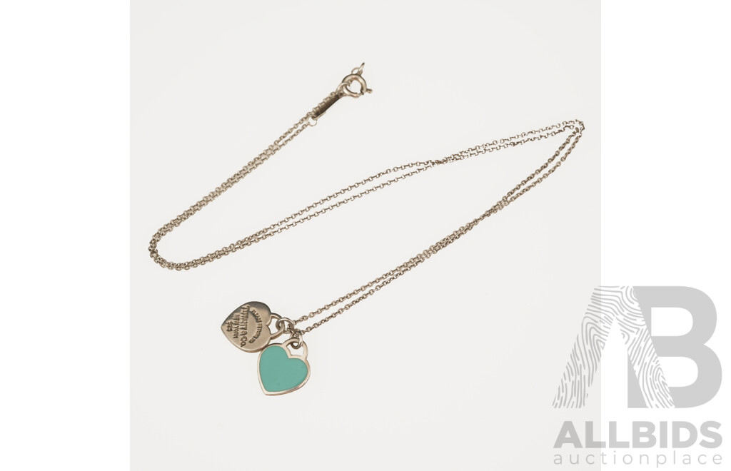 Tiffany & Co. Return to Tiffany's Mini Double Heart Blue Enamel Necklace in Sterling Silver, 45cm, 2.79 Grams