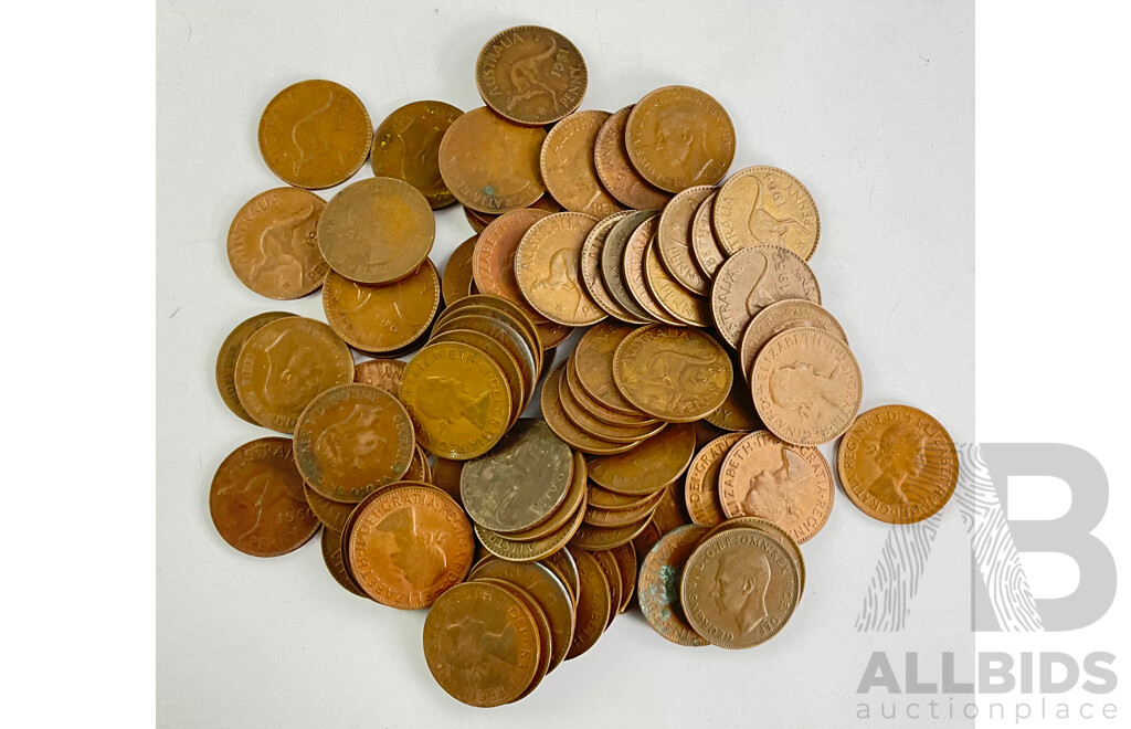 Australian KGVI and QE2 Pennies, Approximately 70 Coins, 700 Grams