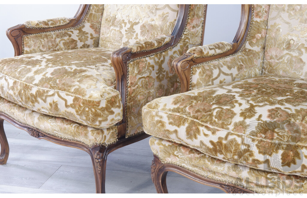 Pair of Antique Style Wingback Armchairs with Velvet Brocade Upholstery