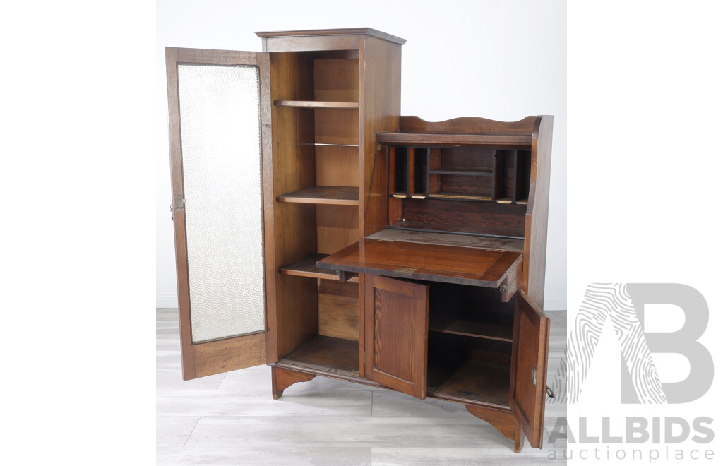 Early 20th Century Oak Bureau and Cabinet with Bubble Textured Glass