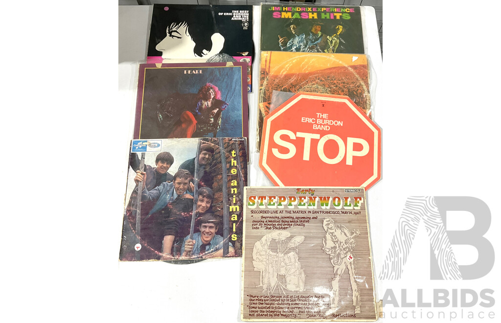 Collection Seven Vinyl LP Records Including Eric Burdon and the Animals, Jimi Hendrix, the First Great Rock Festivals of the 80s and More