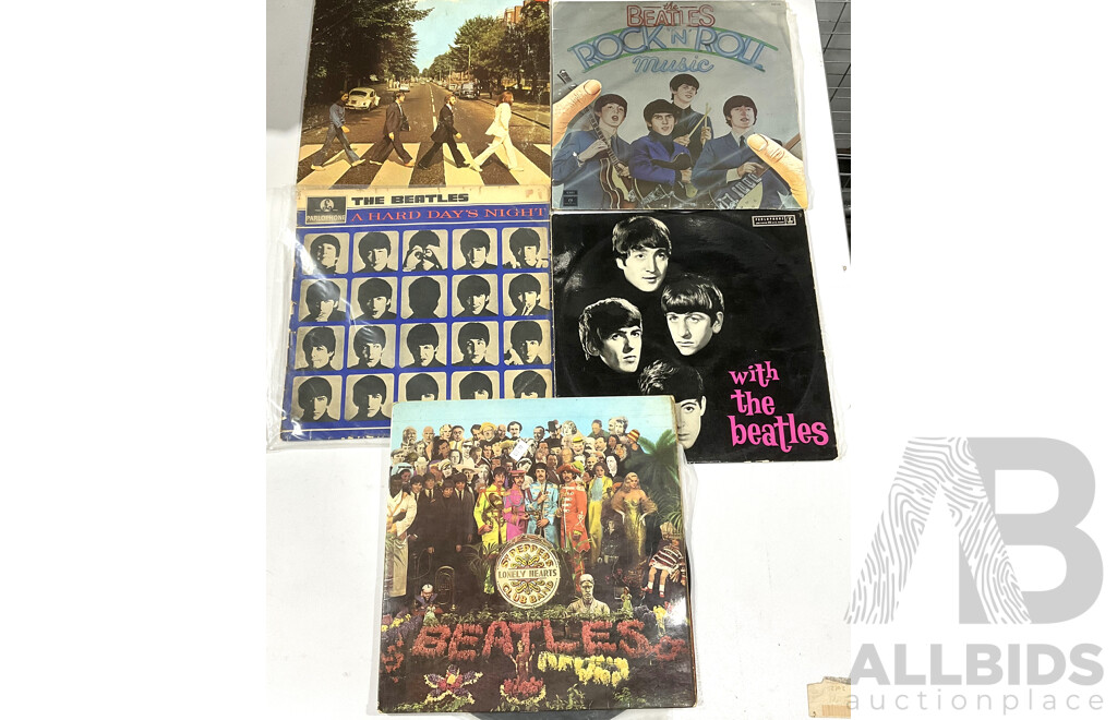 Collection FIve the Beatles Vinyl LP Records Comprising with the Beatles, Abbey Road, Rock N Roll Music, Hard Days Night, Sgt Peppers Lonely Hearts Club Band