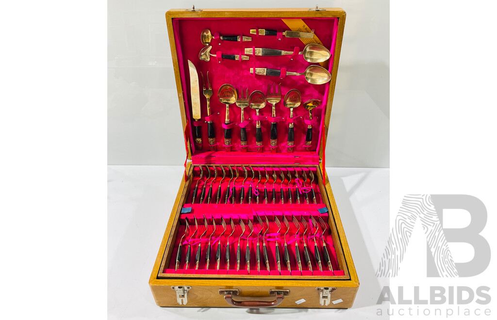 Vintage S. Samran Thailand Co Ltd Collection of Bronze Cutlery in Velvet Lined Wooden Storage Case