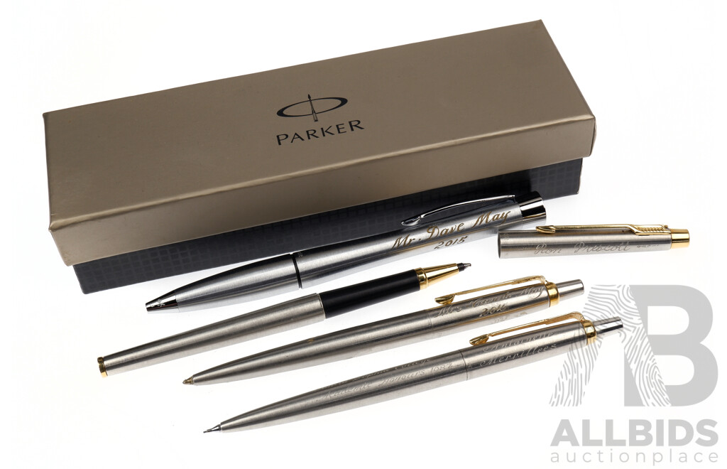 Collection Four Parker Ballpoint Pens with Various Inscriptions in Parker Box
