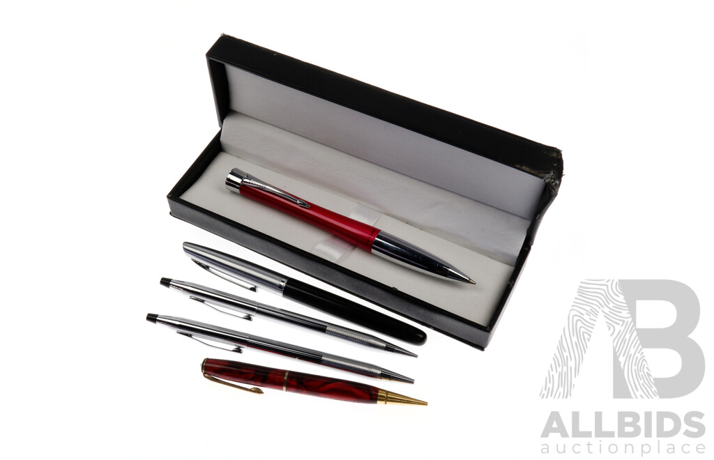 Collection Five Quality Ballpoint Pens, Pencils & Fountain Pen in Case Including Onoto Red and Gold Example, Platinum, Two Cross Examples and More