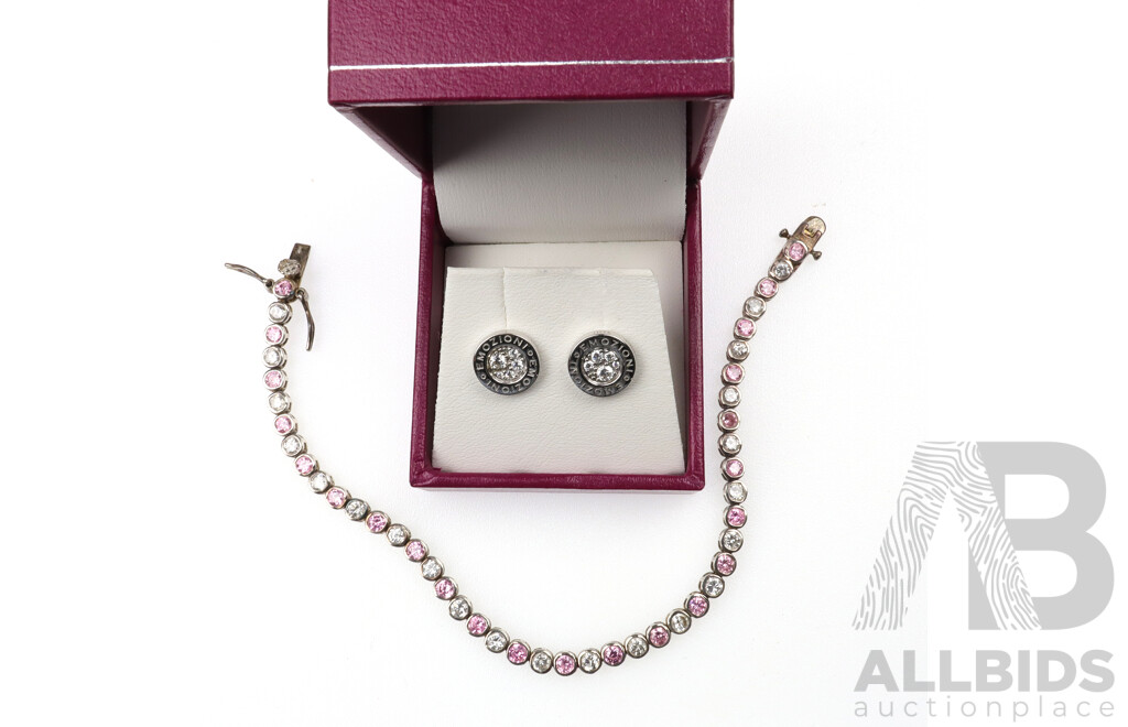 Sterling Silver Pink & White CZ Tennis Bracelet with Mozioni CZ Set Stud Earrings