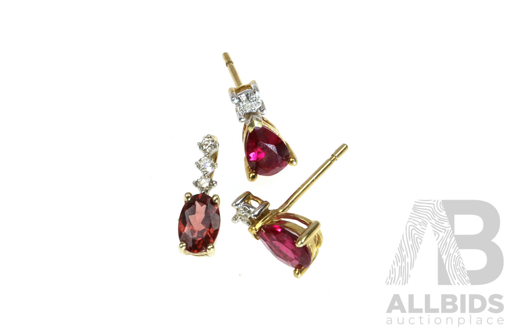 9ct Diamond & Created Ruby Stud Earrings and Pendant, TDW 0.05ct, 1.26 Grams