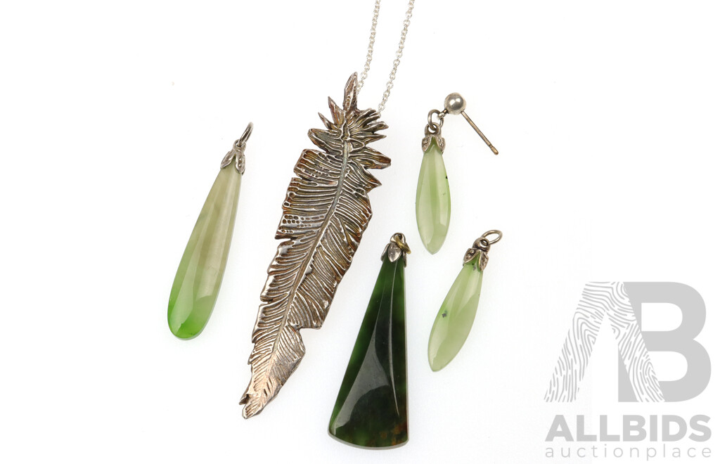 Sterling Silver New Zealand Jade Pendants and Hand Made Sterling Silver Feather Pendant on Chain, 15.68 Grams
