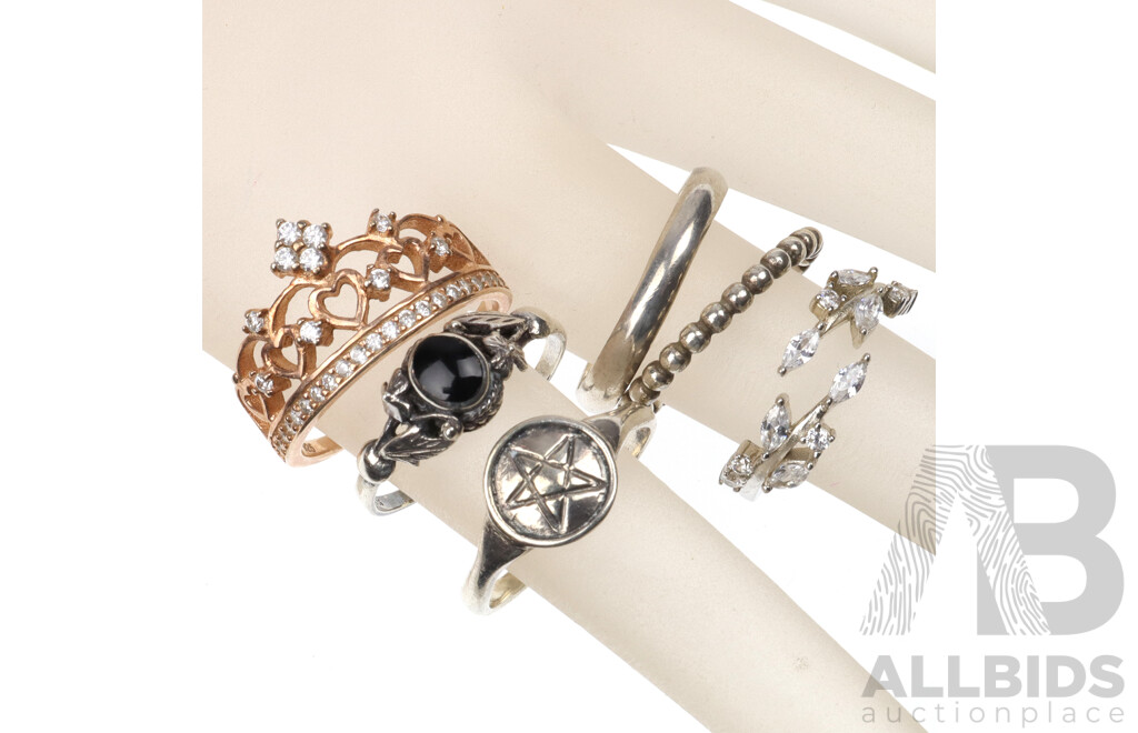 Collection of Six Sterling Silver Rings Including Pandora Bead Ring, 11.16 Grams