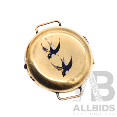 14K Yellow Gold 30mm Pocket Watch Casing (only) with Two Enamel Swallows, 5.18 Grams