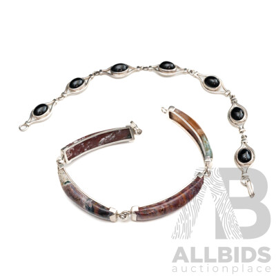 Sterling Silver (2) Bracelets with Agate and Onyx Cabochons, 25.98 Grams