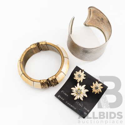 1930's Edelweiss Bone Screw Back Clip on Earrings and Matching Brooch with Bone Hinged Vintage Bangle & Silver Tone Cuff